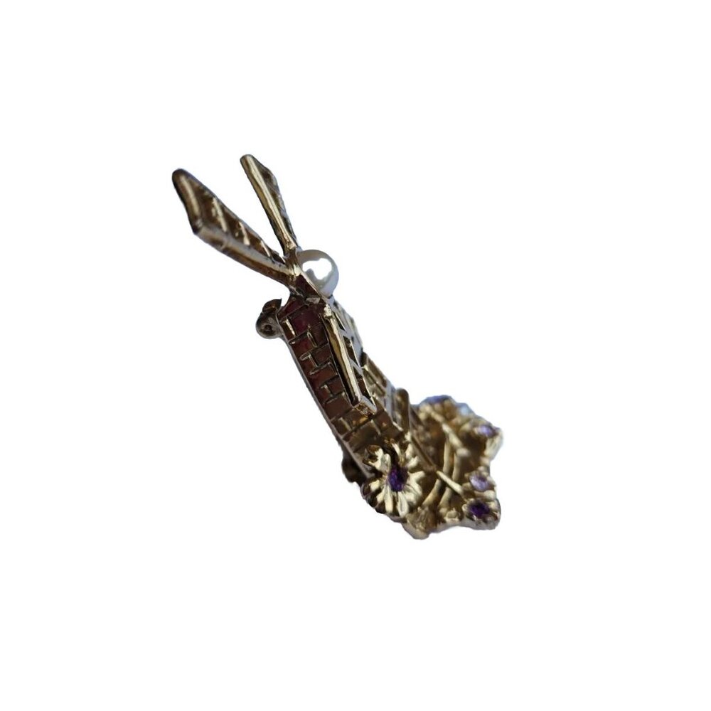 Windmill Bejeweled Faux Pearl & Lavender Rhinestones GoldTone Metal Pin Brooch - Picture 7 of 10